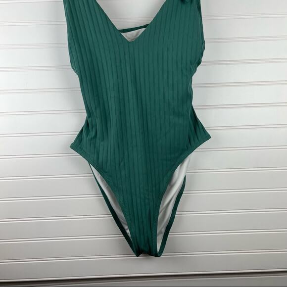 Shade & Shore Plunge Front Sage Green Shoulder Tie Rib One Piece Swimsuit Medium - Picture 6 of 10